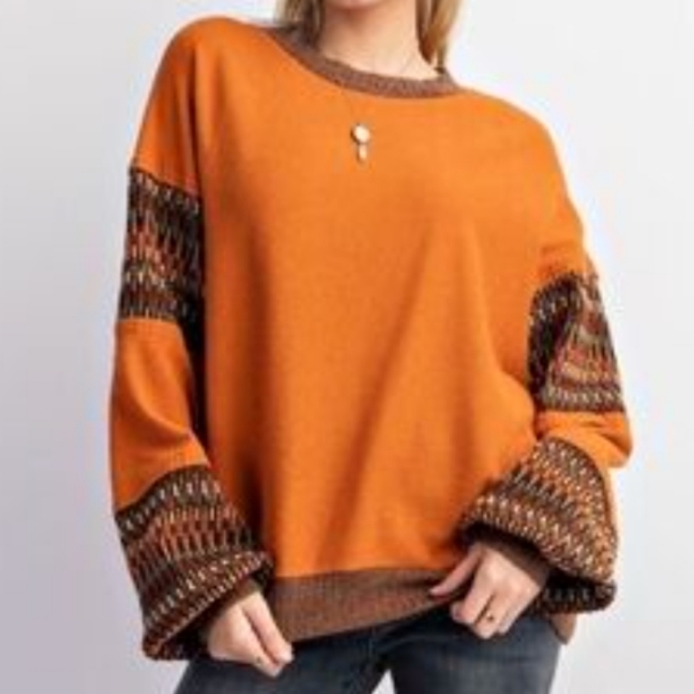 Easel Women's Rust Sweater with Patterned Sleeves NWT